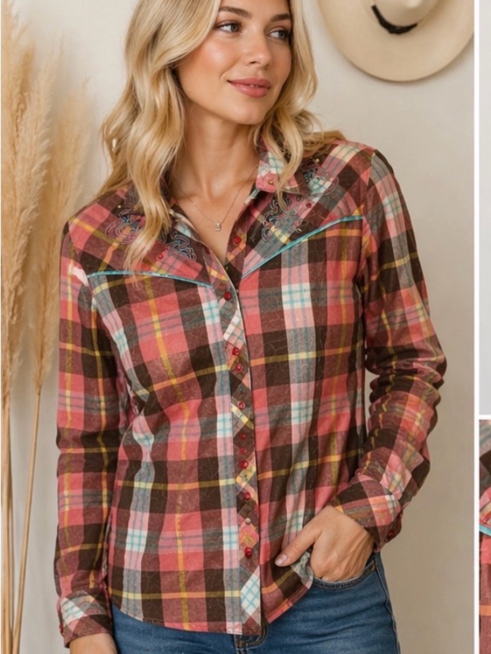 Cowgirl Up Plaid Button-Down Western Yoke Shirt in Coral & Brown